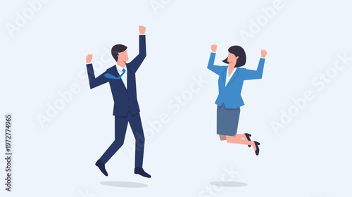 両手をあげてジャンプして喜ぶ男女の人物のベクターイラスト
