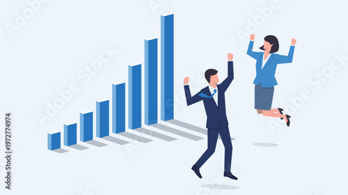 上昇を示す成長棒グラフと達成を喜んでジャンプする人物のベクターイラスト