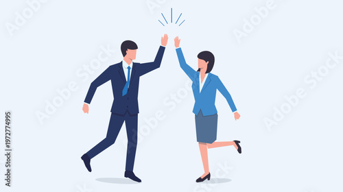 ハイタッチをして喜ぶスーツを着た男女のビジネス人物ベクターイラスト