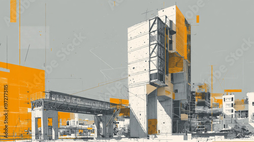 Abandoned Industrial Building Structure With Yellow Accents For Architectural Concepts