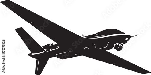 Silhouette of a military drone or surveillance aircraft in flight against a white background with army aircraft with army aviation with army vehicle