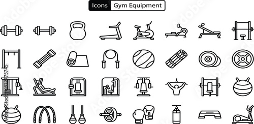 Collection of gym equipment icons, including treadmills, weights, yoga mats, and boxing gear
