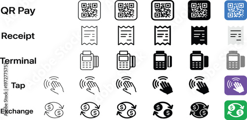 Comprehensive collection of modern payment and financial transaction icons, illustrating diverse digital commerce methods from QR code scanning to contactless tap and currency exchange symbols