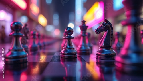 Chess pieces on board with neon city lights. Strategic game play in urban nightlife. Intellectual competition under bright glow. King pawn knight move.