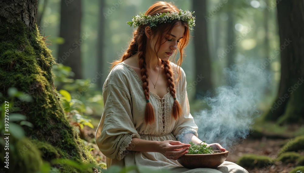 Obraz premium Young woman with flower crown braids herbs in forest. Female performs natural pagan ritual with smoke from wooden bowl. She wears simple dress in mossy woods with sunlit trees.