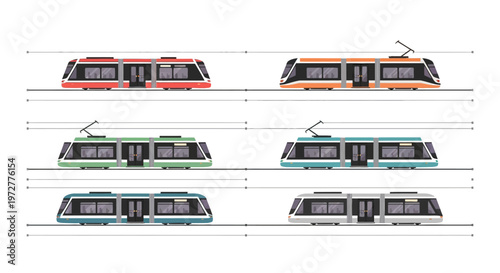 Modern trams on tracks in flat style set against white background