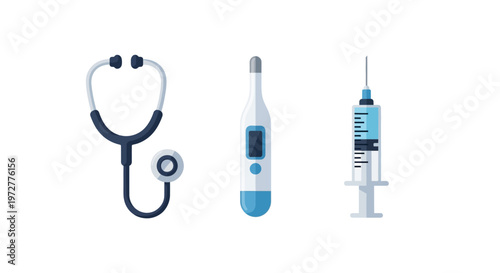 Medical tools collection: stethoscope thermometer and syringe