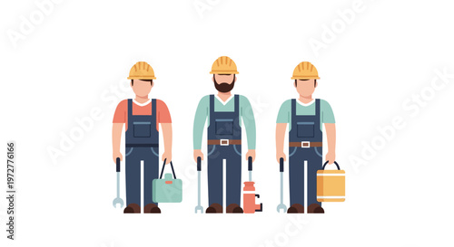 Construction workers in uniform and hard hats with tools
