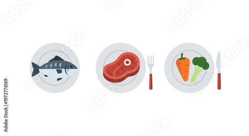 Balanced diet concept with fish meat and vegetables on plates