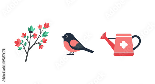 Colorful bird blossoming branch and watering can