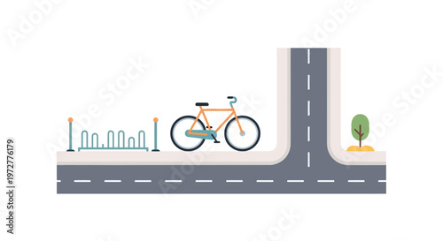 Urban bicycle parking: simple flat design with road and tree elements