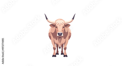 Majestic bull standing calmly on white background in flat design