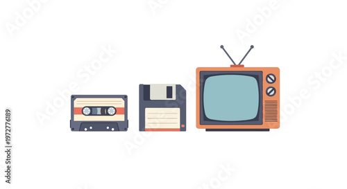 Retro tech icons: classic TV cassette and floppy disk in vintage style