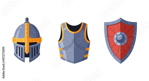 Medieval armor set with helmet chestplate and shield in flat design