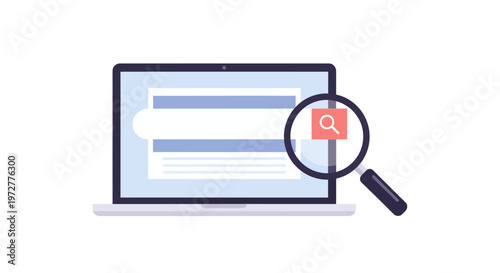 Flat style laptop with search icon and magnifying glass on screen