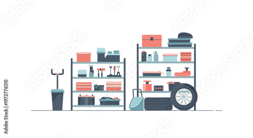 Organized garage shelves with tools and storage boxes in flat design