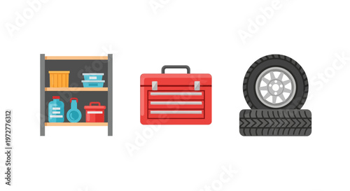 Garage essentials: tool kit storage shelf and car tires in flat design