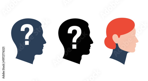 Silhouette and profile icons with question marks on men and woman