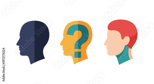 silhouette heads with question mark symbol in flat graphic design