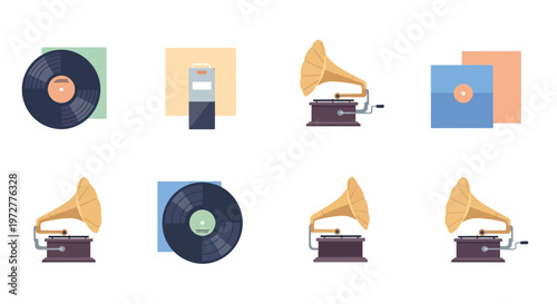 Retro music icons: vinyl records and vintage gramophones