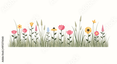 Bright floral border with wildflowers and greenery on white background