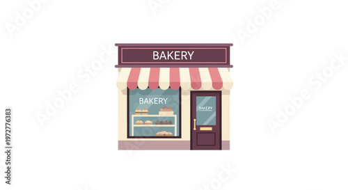 Charming flat style bakery shop with awning and pastries display