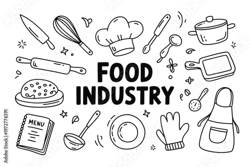 Doodle illustration of cooking tools chef s hat and food industry text