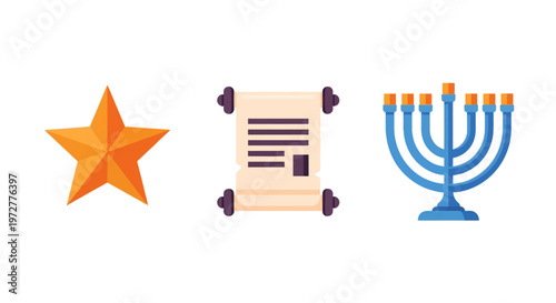 Hanukkah symbols: star torah scroll menorah in modern flat design