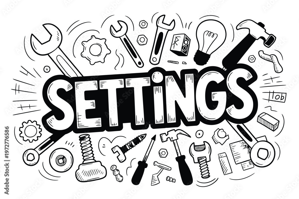 Obraz premium Hand drawn illustration featuring tools gears and the word settings
