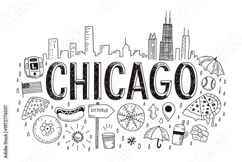 A hand drawn sketch showcasing iconic symbols representing the city of chicago