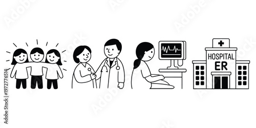 Healthcare illustration depicts family doctors patients and a hospital building