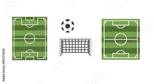 Isometric soccer field with ball and goal on white background