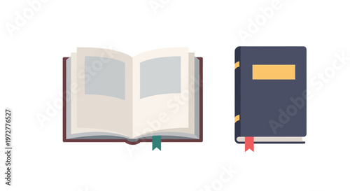 Flat style open and closed hardcover books with bookmarks