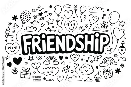 A playful doodle illustration spelling out friendship with celebratory graphics
