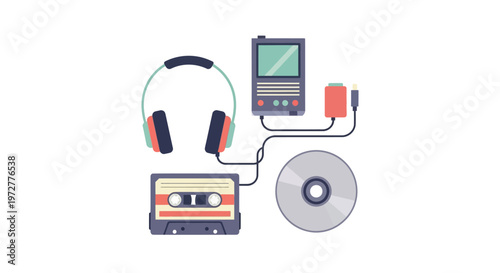 Retro music devices: cassette headphones cd and vintage player