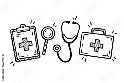 Hand drawn medical icons clipboard stethoscope magnifying glass and medical case