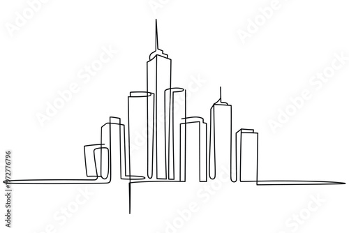 Minimalist line drawing depicts a modern cityscape with tall buildings