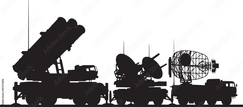 Obraz premium Silhouette of a military missile defense system with a launcher and radar, on a white background, air force, anti aircraft, radar dish, military equip