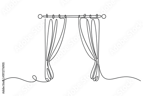 Continuous line drawing of draped curtains on a minimalist rod