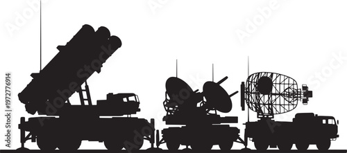 Silhouette of a military missile defense system with a launcher and radar, on a white background, air force, anti aircraft, radar dish, military equip