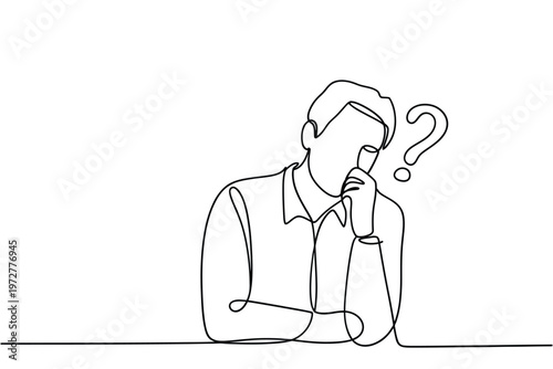 A contemplative man with a question mark above his head is depicted