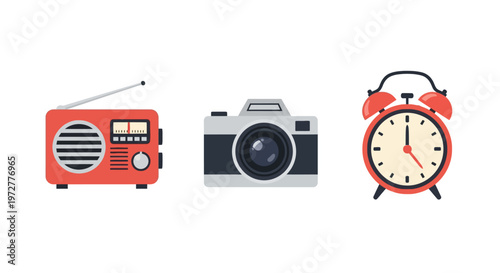 Vintage devices set with radio camera and alarm clock in flat design