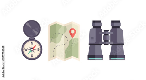 Modern exploration tools with compass map and binoculars