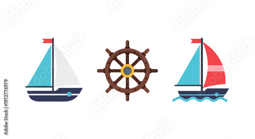 Flat nautical icons: sailboats and ship wheel in vibrant colors