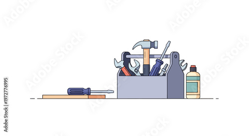 Flat design toolbox with assorted hand tools and bottled glue