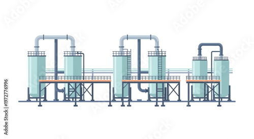 Industrial plant design with modern equipment and pipes in flat style