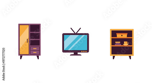 Retro-inspired living room furniture and TV set with vibrant colors