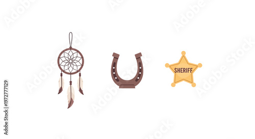 Western elements: dreamcatcher horseshoe sheriff badge in flat design