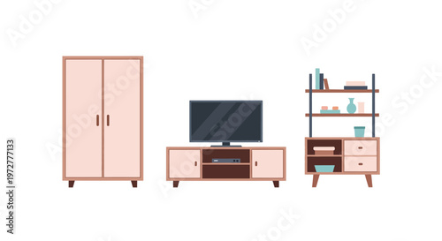 Modern home furniture set with wardrobe TV stand and bookshelf