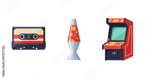 Retro icons: cassette lava lamp and arcade machine in vibrant design